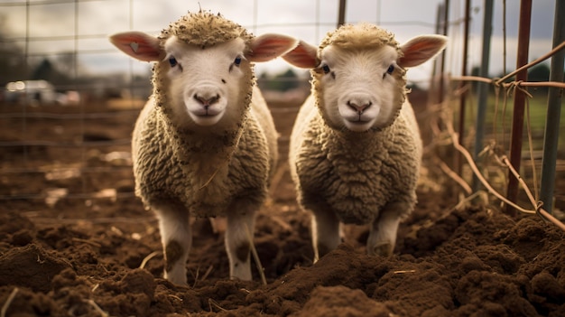 dos ovejas paradas en un corral de tierra