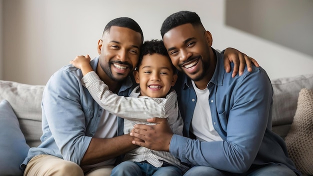 Dos padres y un hijo felices y guapos sentados juntos en el sofá y abrazándose