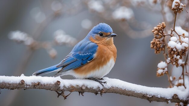 Dos pájaros azules están posados en una rama cubierta de nieve mirándose el uno al otro