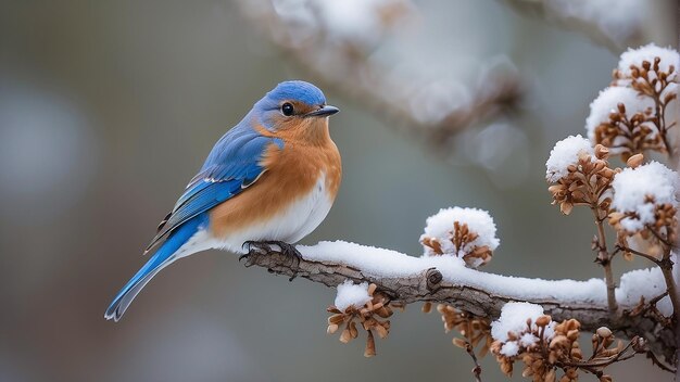 Foto dos pájaros azules están posados en una rama cubierta de nieve mirándose el uno al otro