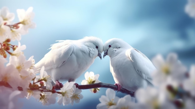 Dos pájaros blancos enamorados de un fondo de cielo azul