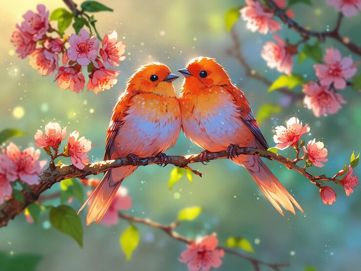 Dos pájaros de color naranja brillante y carmesí con plumaje iridescente posados en una rama de flor de melocotón