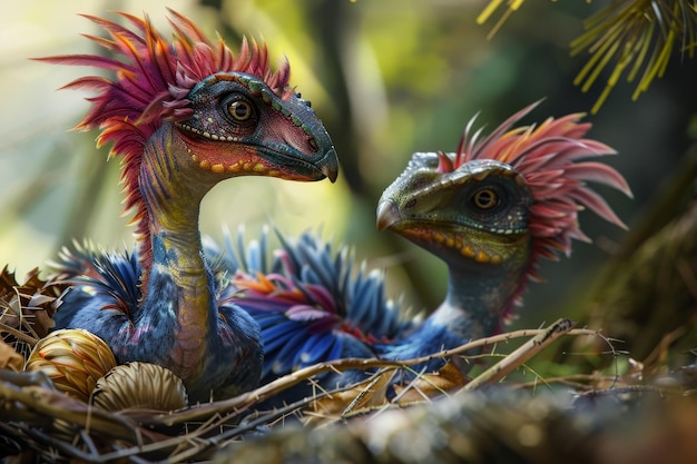 Dos pájaros coloridos con largas plumas están sentados en un nido