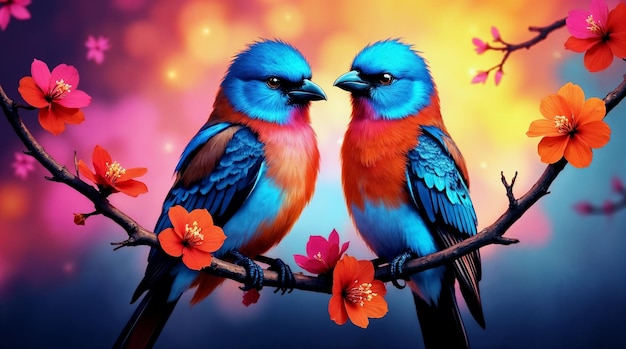 Dos pájaros enamorados en una rama de cereza en flor
