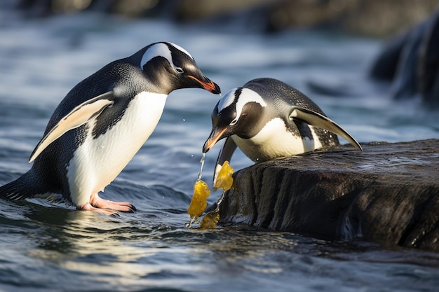 dos pájaros están en el agua con uno siendo alimentado un pato