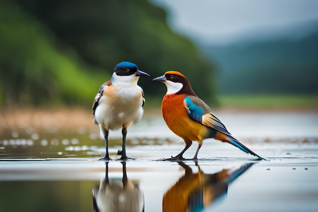 Dos pájaros están parados en el agua y uno es azul, blanco y negro.