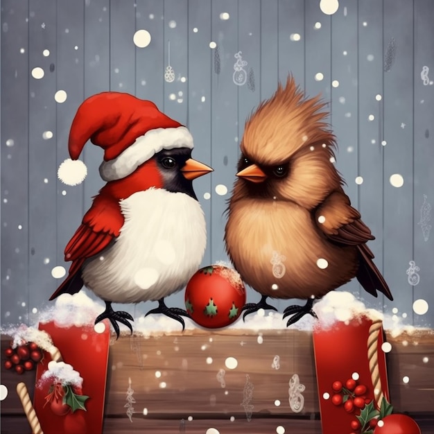 dos pájaros están sentados en un banco de madera con adornos navideños ai generativo