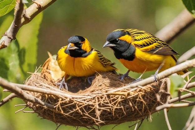 Foto dos pájaros están sentados en un nido con uno de ellos tiene una cola azul y amarilla