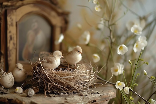 Foto dos pájaros están sentados en un nido con flores en el fondo