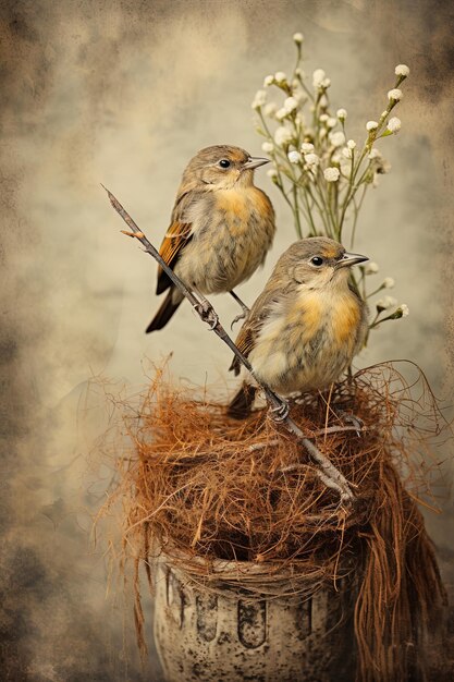 Foto dos pájaros están sentados en un nido de flores