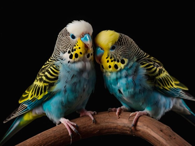 Foto dos pájaros están sentados en una rama uno tiene un amarillo y azul en él