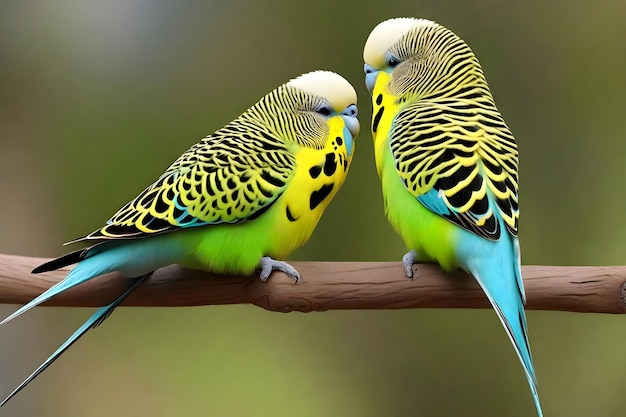 dos pájaros están sentados en una rama con uno tiene un fondo azul y verde