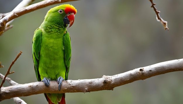 Foto dos pájaros están sentados en una rama uno tiene un pico rojo y amarillo