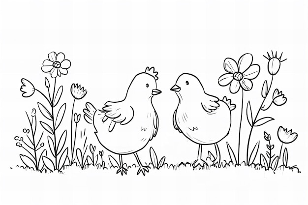 Foto dos pájaros en un jardín de flores ilustración artística de línea