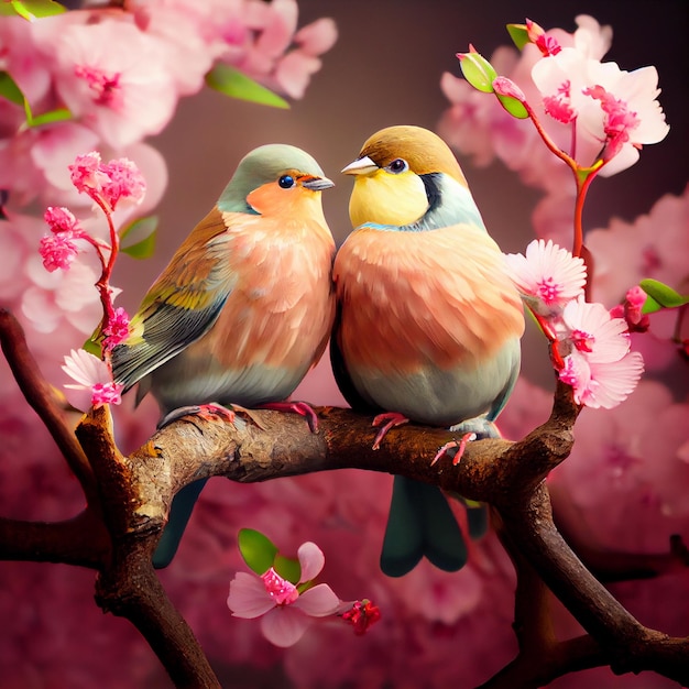 Dos pájaros lindos posados en la ilustración de primavera de rama de árbol de flor de cerezo