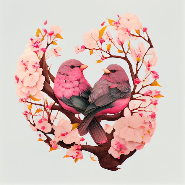 Dos pájaros lindos posados en la ilustración de primavera de rama de árbol de flor de cerezo