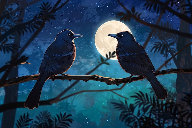 Dos pájaros negros sentados en los árboles y es noche y luna