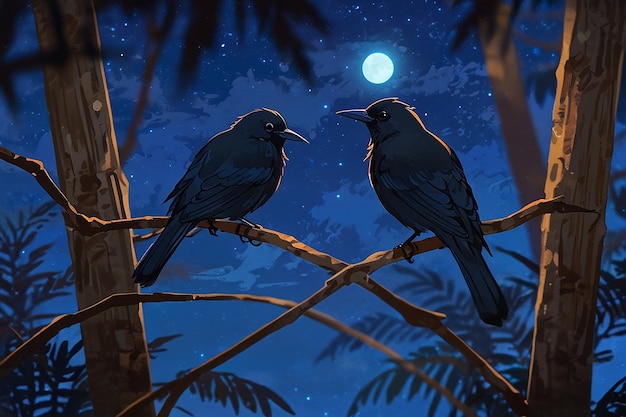 Dos pájaros negros sentados en los árboles y es noche y luna