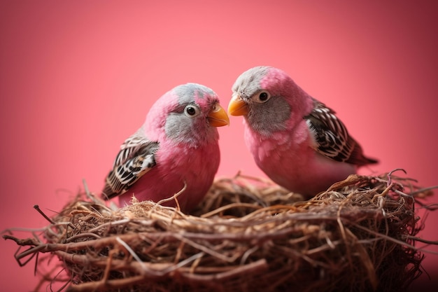 Dos pájaros en un nido, uno de los cuales es rosa.