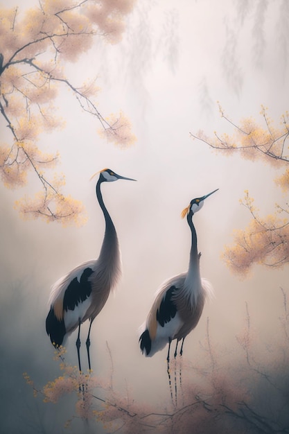 Dos pájaros parados uno al lado del otro cerca de un árbol generativo ai