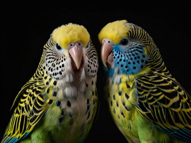 Foto dos pájaros con plumas azules y amarillas en sus cabezas