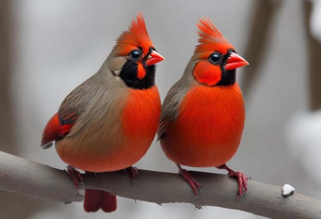 Dos pájaros con plumas rojas están sentados en una rama.