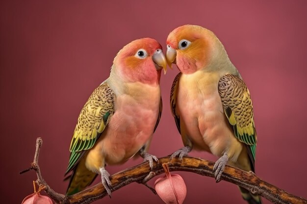 Foto dos pájaros con plumas verdes y rosas están sentados en una rama.