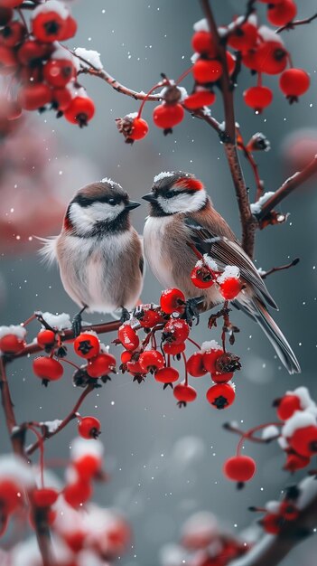 Dos pájaros en una rama con bayas rojas en la nieve