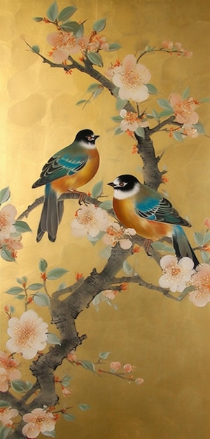 Dos pájaros en una rama de un cerezo en flor.