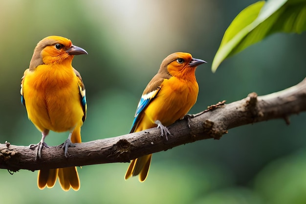 Dos pájaros en una rama, uno de los cuales es azul y amarillo.