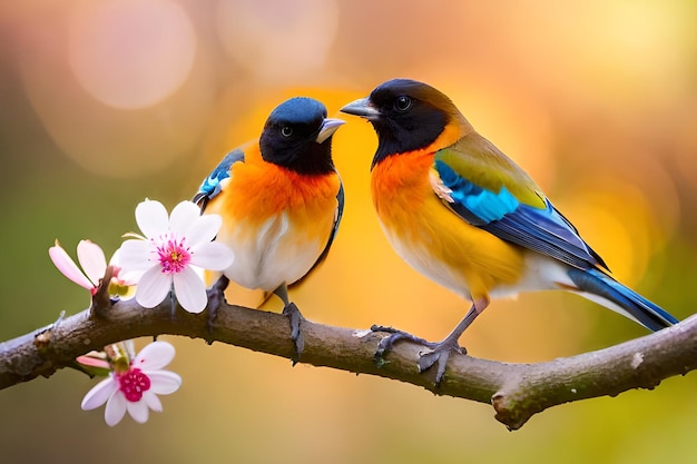 Dos pájaros en una rama con una flor rosa al fondo