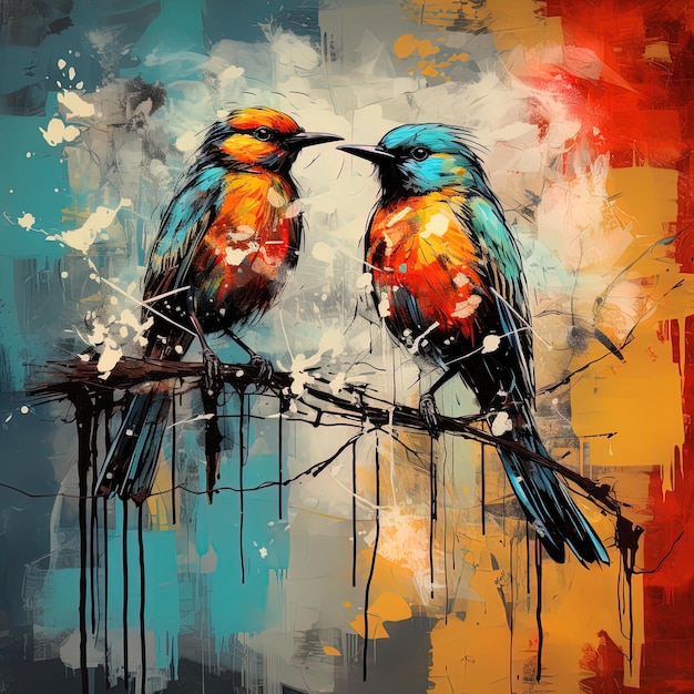 dos pájaros en una rama con un fondo colorido con una salpicadura de agua