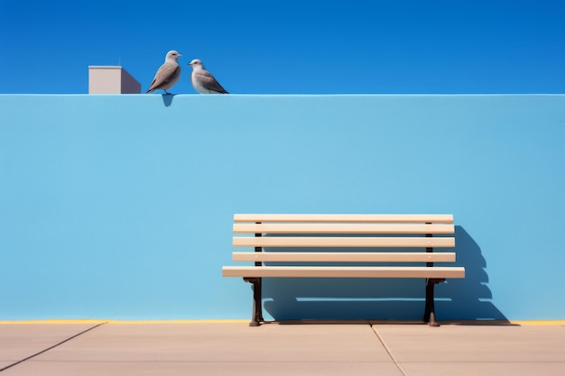 dos pájaros sentados en un banco frente a una pared azul