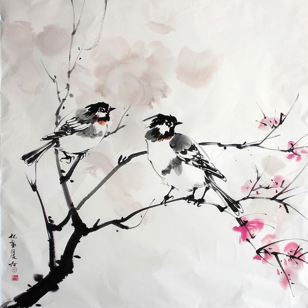 Dos pájaros sentados en una rama de pintura de tinta de color china