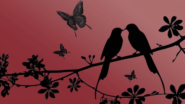 dos pájaros se sientan en una rama con mariposas en el fondo