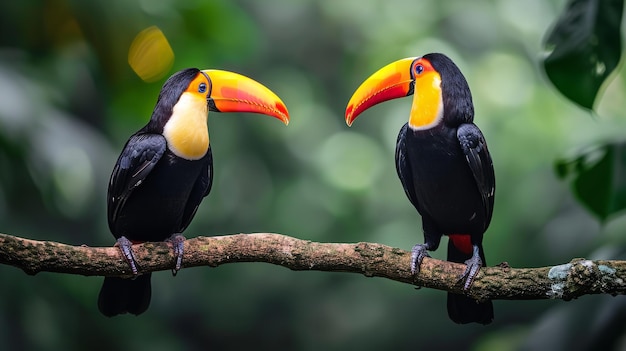 Dos pájaros tropicales tucán sentados en la rama de un árbol Ai generativo