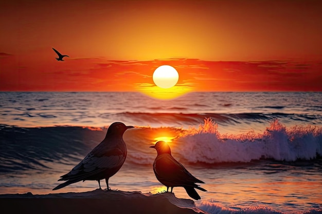 Dos pájaros con vistas a la puesta de sol sobre el océano creados con ai generativo