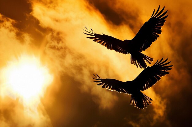 Foto dos pájaros volando en el cielo con el sol detrás de ellos