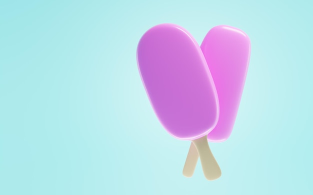 Dos paletas rosadas en palo de madera aislado sobre fondo azul Helado cubierto de glaseado afrutado en sandía fresa o sabores de granada postre frío de verano Ilustración 3d realista