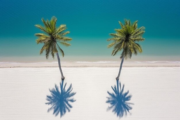 dos palmeras se reflejan en el agua con un cielo azul