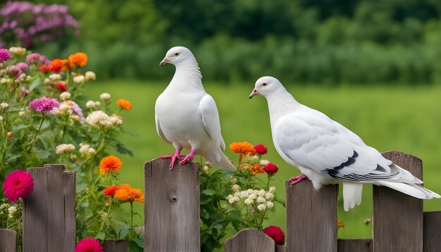 Foto dos palomas blancas están sentadas en una valla con flores en el fondo