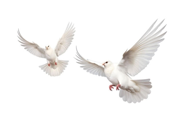 Dos palomas blancas vuelan aisladas en un fondo blanco