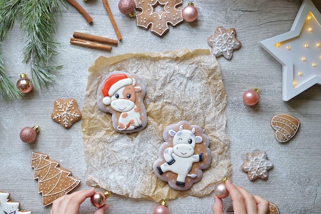 Dos pan de jengibre de Navidad en esmalte en forma de toros, símbolos de Navidad 2021, sobre una mesa blanca con decoración de Año Nuevo, horizontal.