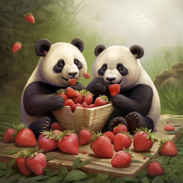 dos pandas están comiendo fresas de una canasta con fresas