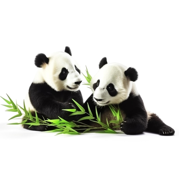 Dos pandas están sentados uno al lado del otro y uno está comiendo bambú.