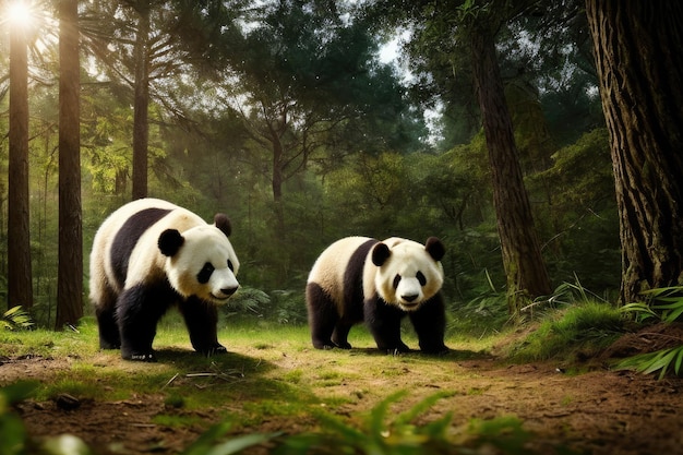 Dos pandas gigantes en un bosque con árboles al fondo