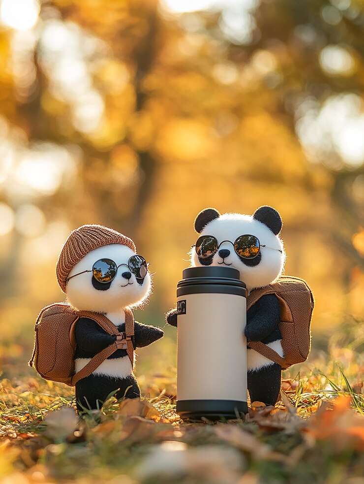 Foto dos pandas de juguete están de pie frente a una tienda y una botella de agua