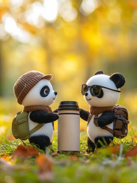 dos pandas de juguete están de pie frente a una tienda y una botella de agua