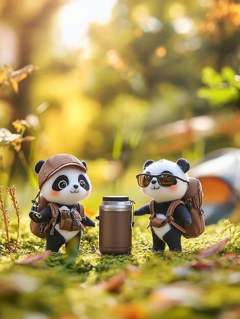 dos pandas de juguete están de pie frente a una tienda y una botella de agua