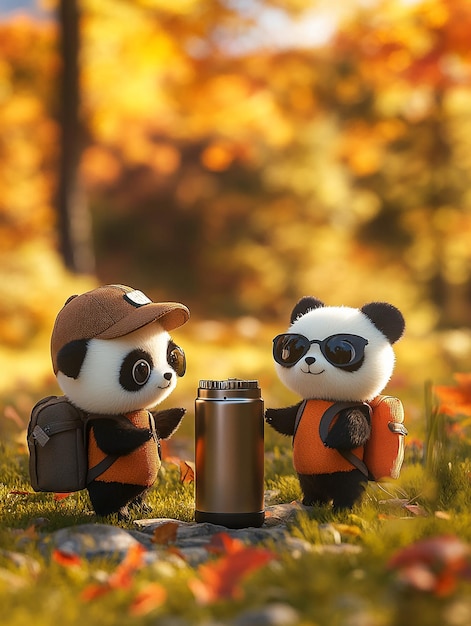 dos pandas de juguete están de pie frente a una tienda y una botella de agua